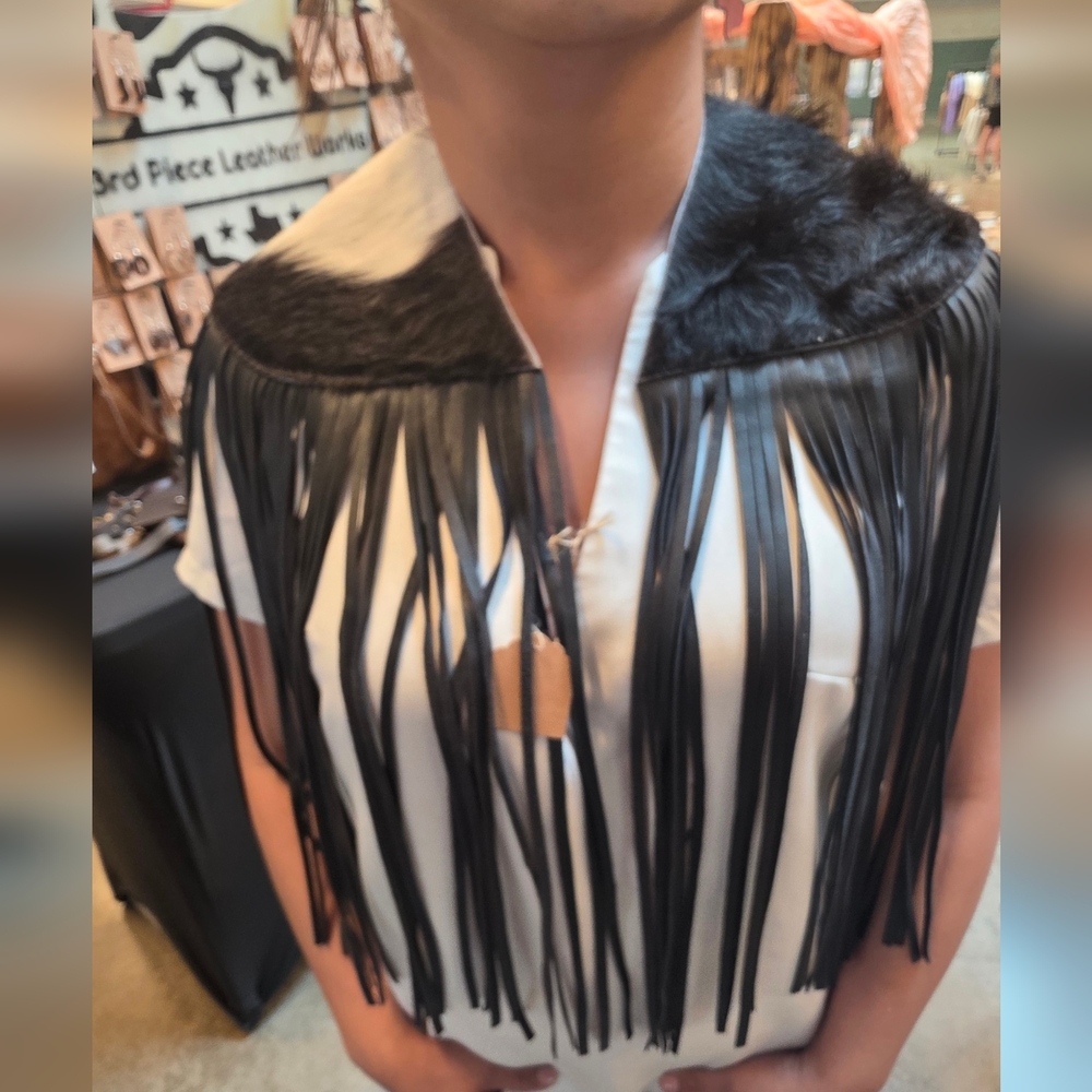 Cowhide Leather Fringe Shawl Western Cape Boho Rodeo